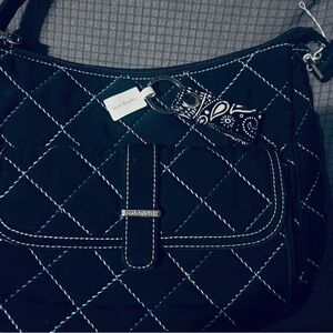 VERA BRADLEY Black Microfiber w Blue & White Stitching Bag and NEW Key Fob